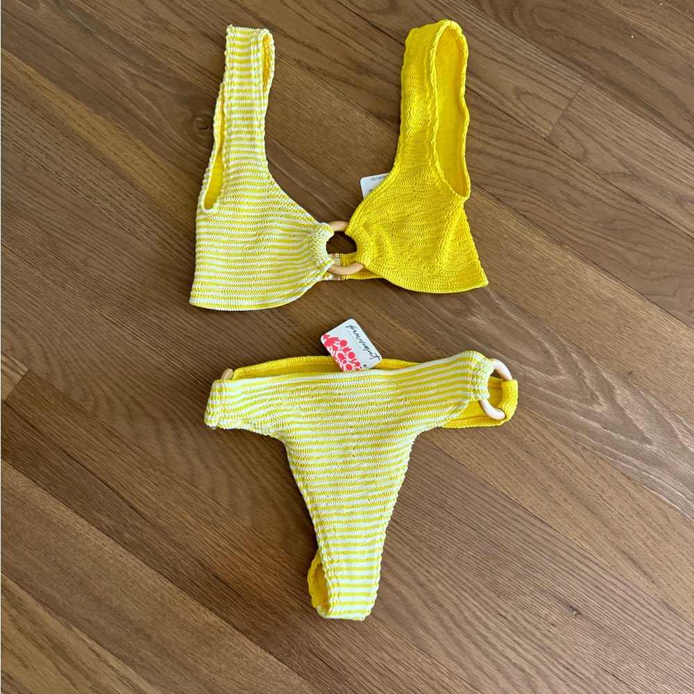 Textured Yellow Ring-Detail Bikini Set